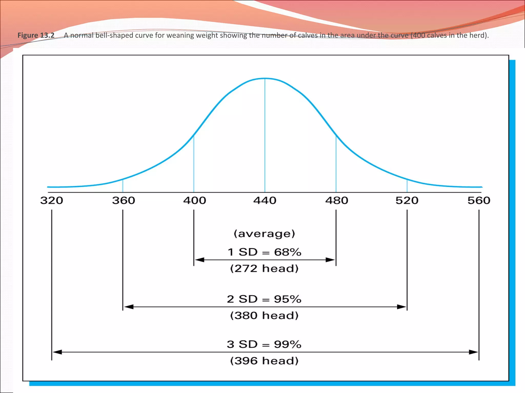Figure 13.2 A normal bell-shaped curve for weaning weight showing the number of calves in the area under the curve (400 calves in the herd).
 