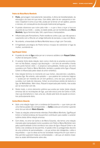 UNIDADE 4 OS MAIAS, de EÇA DE QUEIRÓS
55
Pedro da Maia/Maria Monforte
	 •	 	Pedro,	personagem	marcadamente	naturalista,	é	vítima	da	hereditariedade,	da	
educação	e	do	meio	em	que	viveu.	Com	efeito,	além	de	ser	«pequenino	e	ner-
voso»	(Capítulo	I)	como	a	sua	mãe,	acaba	por	se	tornar	um	ser	apático,	passivo	
e	nervoso,	em	consequência	da	educação	tradicional	portuguesa.
	 •	 	A	paixão	obsessiva	que	nutre	pela	mãe	—	e	que	o	leva	a	roçar	a	loucura	
aquando	da	sua	morte	—	acaba,	na	idade	adulta,	por	ser	transferida	para	Maria
Monforte,	figura	feminina	bela,	fútil,	caprichosa	e	manipuladora.
	 •	 	Influenciado	pelo	Romantismo,	Pedro	revolta-se	contra	o	pai,	que	não	aprova	o	
casamento	com	a	filha	de	um	antigo	traficante	de	escravos,	e	casa	com	Maria.
	 •	 	No	entanto,	a	leviandade	de	Maria	Monforte	leva-a	a	fugir	com	Tancredo.
	 •	 	A	fragilidade	psicológica	de	Pedro	torna-o	incapaz	de	sobreviver	à	fuga	da	
mulher,	suicidando-se.
Ega/Raquel Cohen
	 •	 	A	paixão	da	vida	de	Ega	acaba	por	ser	o	romance	adúltero	com	Raquel Cohen,	
mulher	do	banqueiro	Cohen.
	 •	 	O	carácter	ilícito	desta	relação,	bem	como	o	facto	de	os	amantes	se	encontra-
rem	na	Vila	Balzac,	espaço	cuja	decoração	—	em	tons	de	vermelho	e	tendo	
como	ponto	fulcral	o	leito	—	é	propícia	à	sensualidade,	mostra	que,	tal	como	
sucedera	com	Pedro	e	Maria	Monforte,	também	a	paixão	entre	Ega	e	Raquel	
Cohen	é	influenciada	pelos	ideais	do	amor	romântico.
	 •	 	Esta	relação	termina	no	momento	em	que	Cohen,	descobrindo	o	adultério,	
expulsa	Ega.	No	entanto,	este	episódio	—	que	poderia	ter	contornos	trágicos	
—	acaba	por	ser	investido	de	um	tom	grotesco,	uma	vez	que,	porque	tudo	
sucedeu	num	baile	de	máscaras,	Cohen	se	encontrava	vestido	de	beduíno	e	
Ega,	de	Mefistófeles.	Além	disso,	Raquel	é	espancada	pelo	marido,	mas	acaba	
por	se	reconciliar	com	ele.
	 •	 	Deste	modo,	o	único	elemento	sublime	que	acaba	por	restar	desta	relação	
amorosa	são	as	recordações	de	Ega,	que	este	evoca	junto	de	Carlos	e	Craft,	
mas	cujo	dramatismo	é,	mais	uma	vez,	diluído	pelo	facto	de	aquele	se	encon-
trar	profundamente	ébrio.
Carlos/Maria Eduarda
	 •	 	Após	uma	relação	fugaz	com	a	condessa	de	Gouvarinho	—	que	nutre	por	ele	
uma	intensa	paixão	não	correspondida	—,	Carlos	acaba	por	encontrar	o	grande	
amor	da	sua	vida	em	Maria Eduarda.
	 •	 	Todas	as	relações	anteriormente	referidas	(Pedro/Maria	Monforte,	Ega/Raquel	
Cohen	e	Carlos/condessa	de	Gouvarinho)	contribuem	para	exaltar	o	carácter	
sublime	desta	última	relação	amorosa.
	 •	 	Com	efeito,	no	amor	de	Carlos	e	de	Maria	Eduarda,	não	temos	uma	relação	
marcada	pela	manipulação	(como	sucedera	com	Pedro	e	Maria	Monforte)	nem	
pela	superficialidade	(como	acontecia	nos	casos	de	Ega	e	Raquel	Cohen	e	de	
Carlos	e	da	condessa	de	Gouvarinho).	A	paixão	entre	os	protagonistas	decorre	
de	uma	sintonia	de	personalidades	—	já	que	ambos	são	inteligentes,	cultos	e	
requintados	—	que	os	eleva	acima	da	sociedade	mesquinha	em	que	vivem	e	
lhes	permite	superarem	todas	as	contrariedades	—	até	que	um	destino	impie-
doso	se	abate	definitivamente	sobre	eles.
000998 024-071.indd 55 04/03/16 16:33
 
