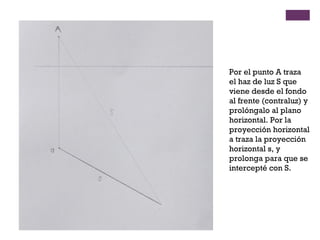 Por el punto A traza
el haz de luz S que
viene desde el fondo
al frente (contraluz) y
prolóngalo al plano
horizontal. Por la
proyección horizontal
a traza la proyección
horizontal s, y
prolonga para que se
intercepté con S.

 