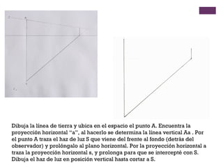 Dibuja la línea de tierra y ubica en el espacio el punto A. Encuentra la
proyección horizontal “a”, al hacerlo se determina la línea vertical Aa . Por
el punto A traza el haz de luz S que viene del frente al fondo (detrás del
observador) y prolóngalo al plano horizontal. Por la proyección horizontal a
traza la proyección horizontal s, y prolonga para que se intercepté con S.
Dibuja el haz de luz en posición vertical hasta cortar a S.

 