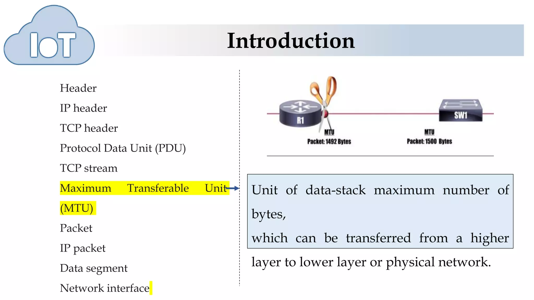 Introduction
Header
IP header
TCP header
Protocol Data Unit (PDU)
TCP stream
Maximum Transferable Unit
(MTU)
Packet
IP packet
Data segment
Network interface
Unit of data-stack maximum number of
bytes,
which can be transferred from a higher
layer to lower layer or physical network.
 