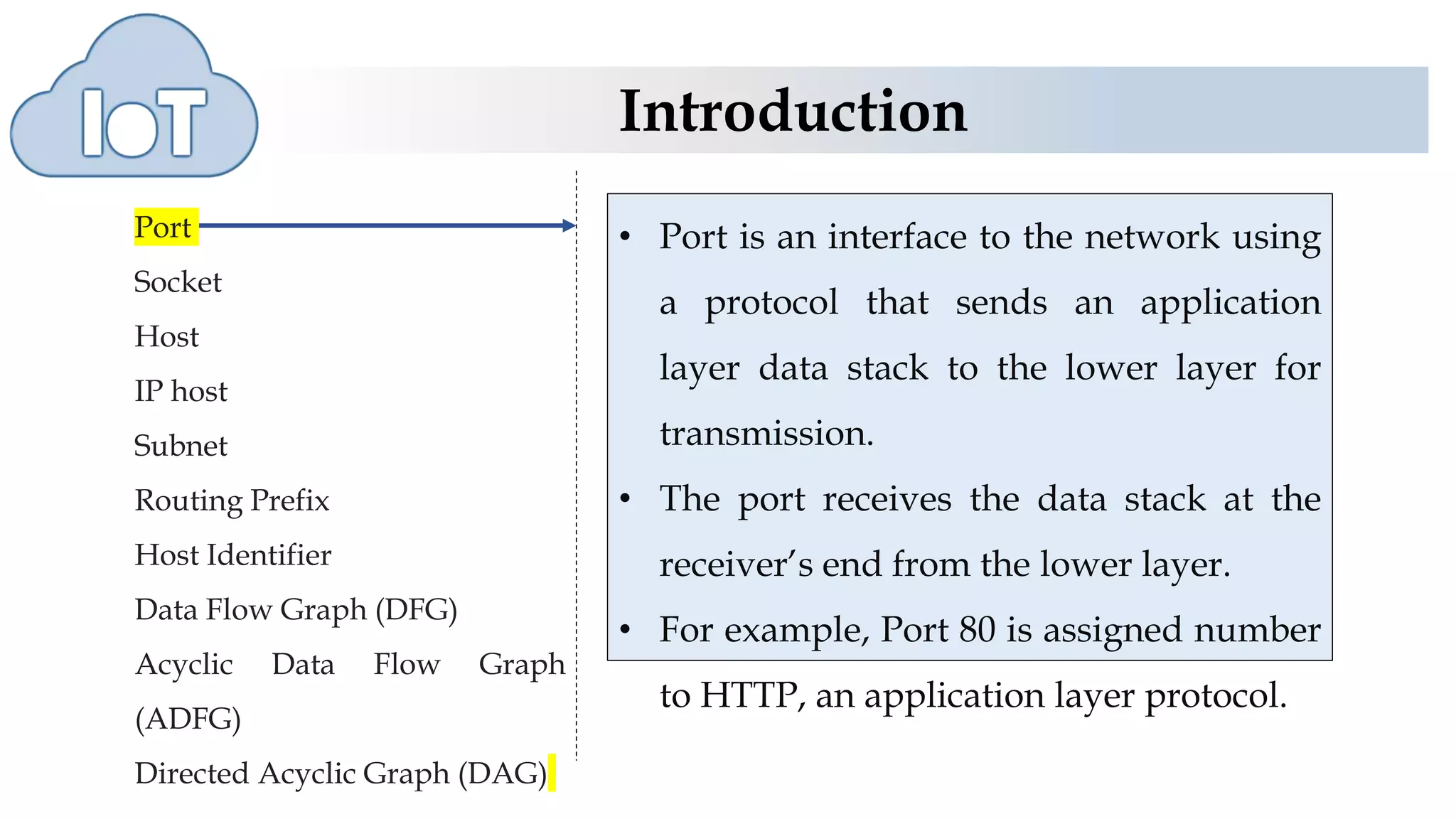 Introduction
Port
Socket
Host
IP host
Subnet
Routing Prefix
Host Identifier
Data Flow Graph (DFG)
Acyclic Data Flow Graph
(ADFG)
Directed Acyclic Graph (DAG)
• Port is an interface to the network using
a protocol that sends an application
layer data stack to the lower layer for
transmission.
• The port receives the data stack at the
receiver’s end from the lower layer.
• For example, Port 80 is assigned number
to HTTP, an application layer protocol.
 