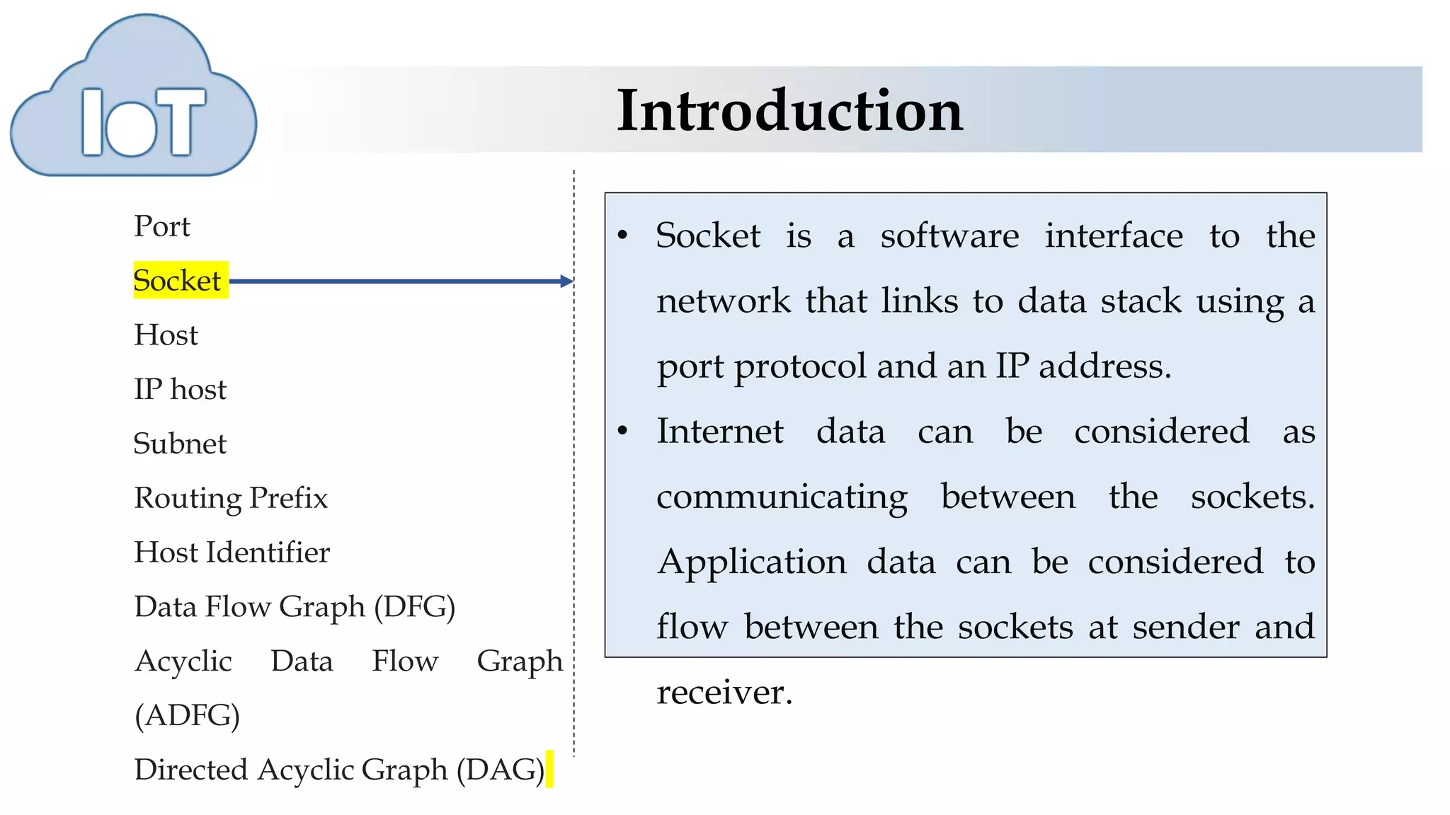 Introduction
Port
Socket
Host
IP host
Subnet
Routing Prefix
Host Identifier
Data Flow Graph (DFG)
Acyclic Data Flow Graph
(ADFG)
Directed Acyclic Graph (DAG)
• Socket is a software interface to the
network that links to data stack using a
port protocol and an IP address.
• Internet data can be considered as
communicating between the sockets.
Application data can be considered to
flow between the sockets at sender and
receiver.
 