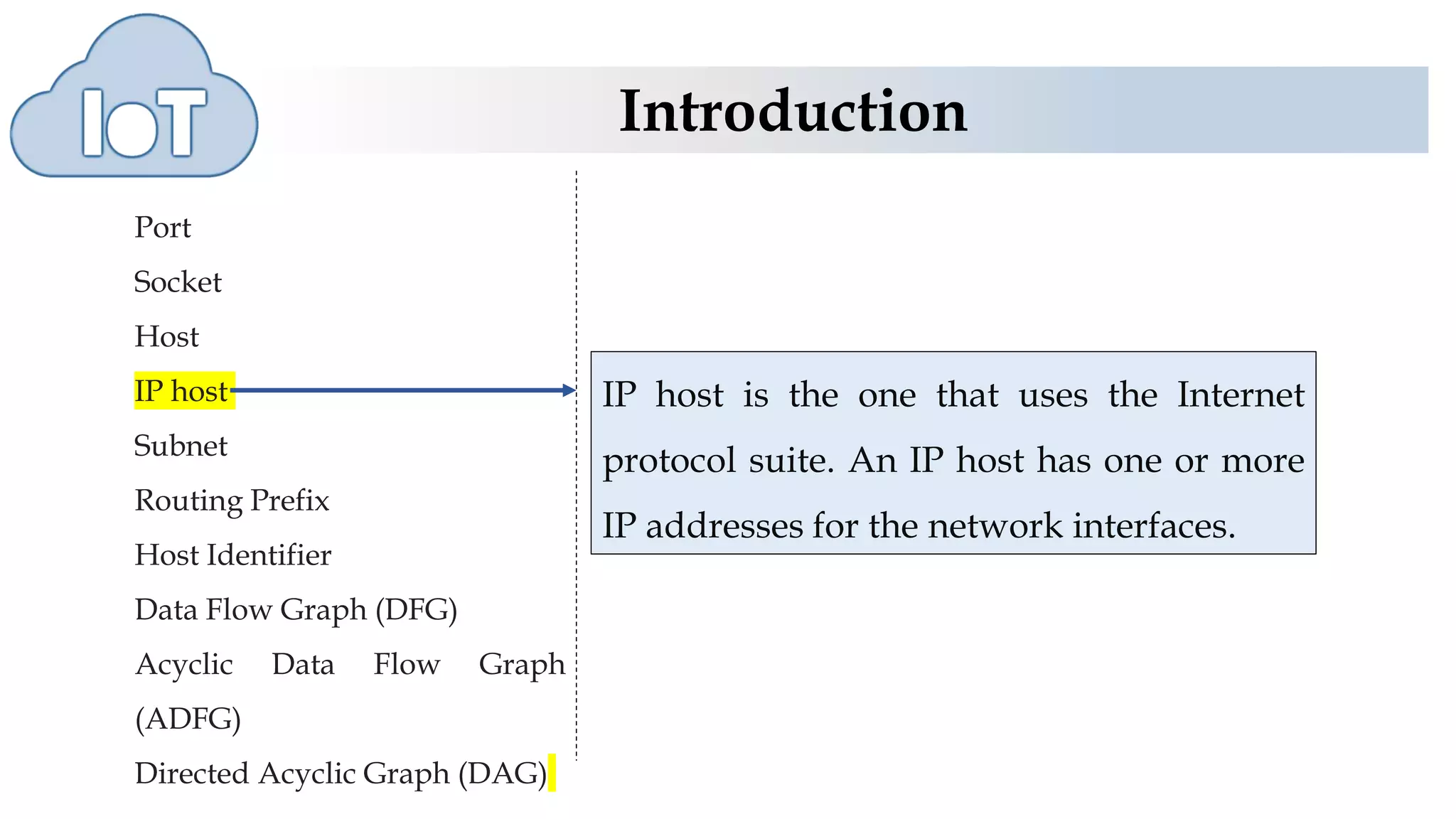 Introduction
Port
Socket
Host
IP host
Subnet
Routing Prefix
Host Identifier
Data Flow Graph (DFG)
Acyclic Data Flow Graph
(ADFG)
Directed Acyclic Graph (DAG)
IP host is the one that uses the Internet
protocol suite. An IP host has one or more
IP addresses for the network interfaces.
 