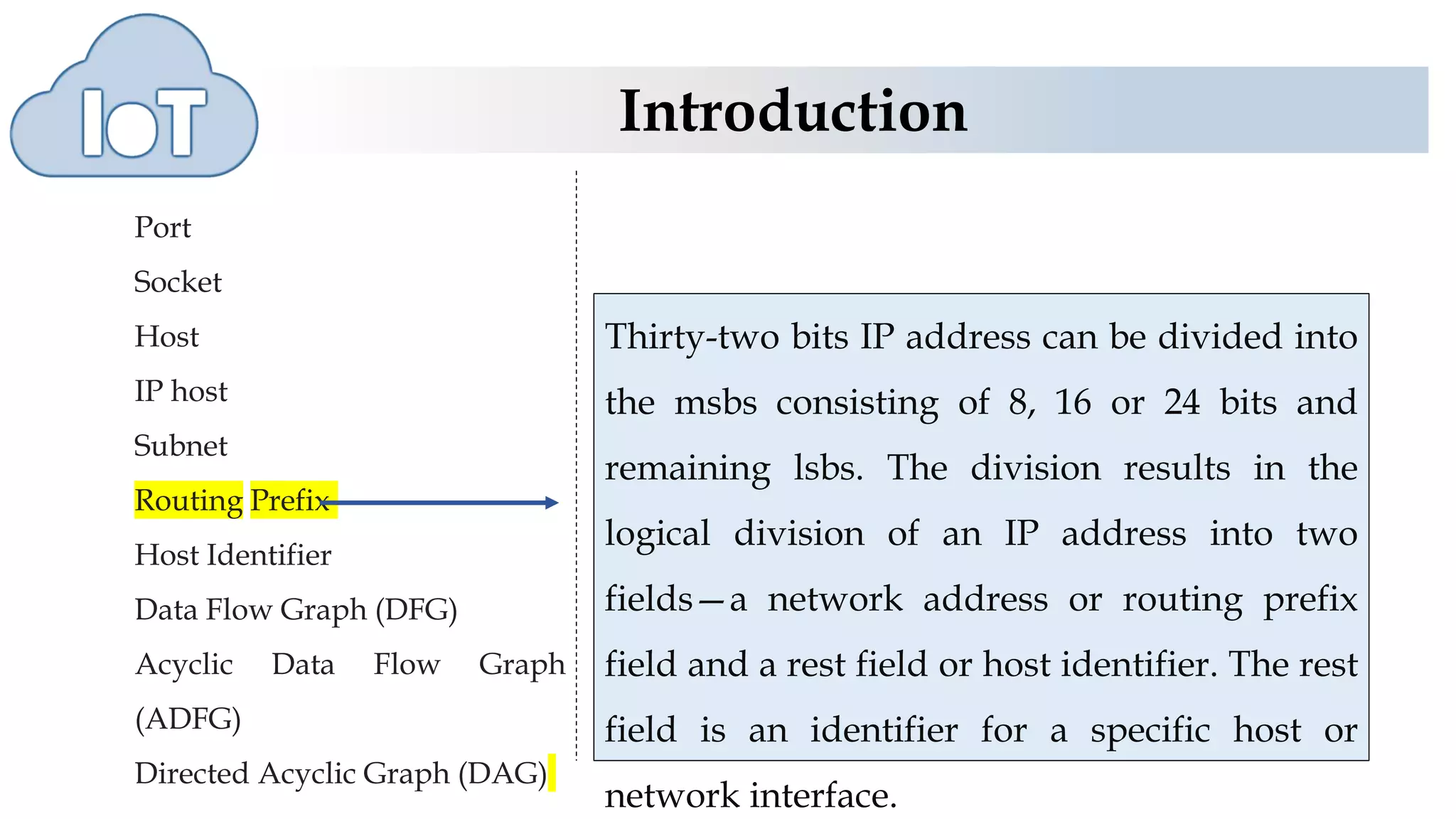 Introduction
Port
Socket
Host
IP host
Subnet
Routing Prefix
Host Identifier
Data Flow Graph (DFG)
Acyclic Data Flow Graph
(ADFG)
Directed Acyclic Graph (DAG)
Thirty-two bits IP address can be divided into
the msbs consisting of 8, 16 or 24 bits and
remaining lsbs. The division results in the
logical division of an IP address into two
fields—a network address or routing prefix
field and a rest field or host identifier. The rest
field is an identifier for a specific host or
network interface.
 