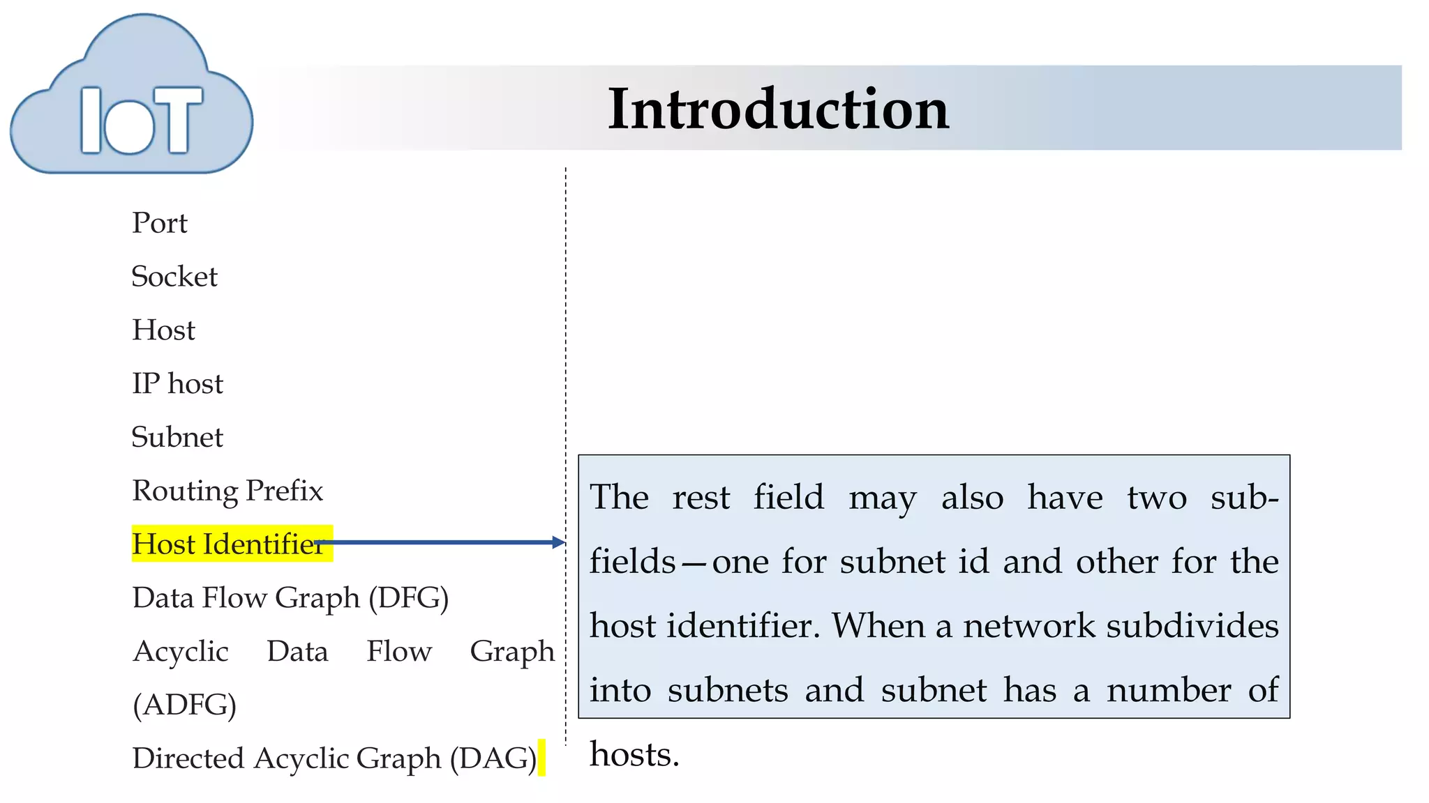 Introduction
Port
Socket
Host
IP host
Subnet
Routing Prefix
Host Identifier
Data Flow Graph (DFG)
Acyclic Data Flow Graph
(ADFG)
Directed Acyclic Graph (DAG)
The rest field may also have two sub-
fields—one for subnet id and other for the
host identifier. When a network subdivides
into subnets and subnet has a number of
hosts.
 