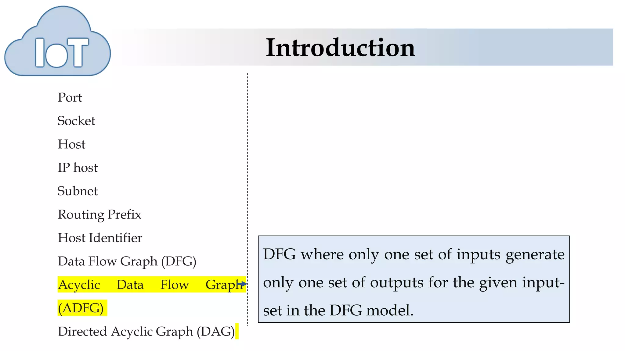 Introduction
Port
Socket
Host
IP host
Subnet
Routing Prefix
Host Identifier
Data Flow Graph (DFG)
Acyclic Data Flow Graph
(ADFG)
Directed Acyclic Graph (DAG)
DFG where only one set of inputs generate
only one set of outputs for the given input-
set in the DFG model.
 