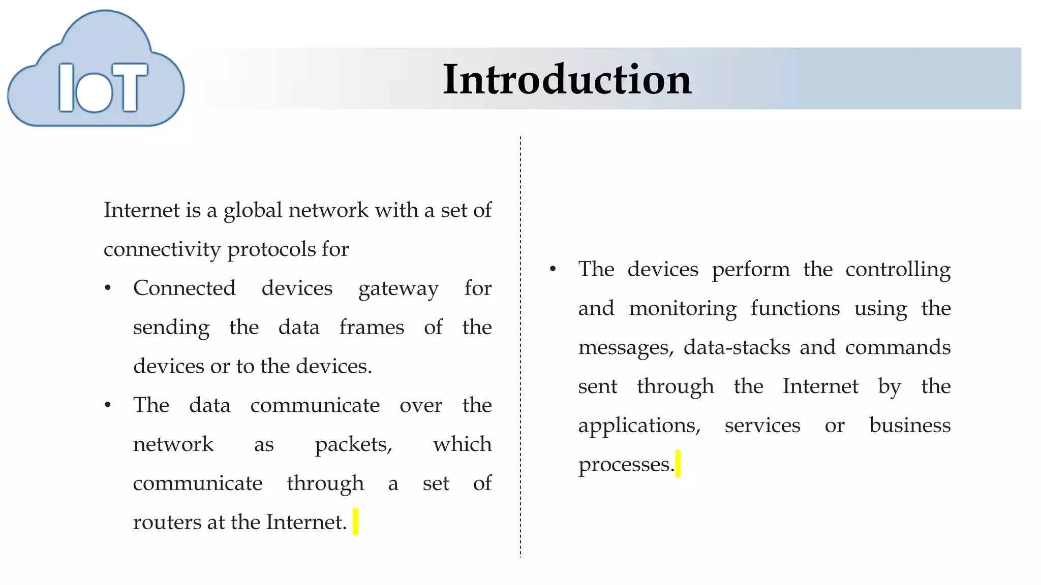 Introduction
Internet is a global network with a set of
connectivity protocols for
• Connected devices gateway for
sending the data frames of the
devices or to the devices.
• The data communicate over the
network as packets, which
communicate through a set of
routers at the Internet.
• The devices perform the controlling
and monitoring functions using the
messages, data-stacks and commands
sent through the Internet by the
applications, services or business
processes.
 