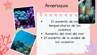 Amenazas
El aumento de las
temperaturas de los
océanos
Aumento del nivel del mar
El aumento de la acidez de
los océanos
 
