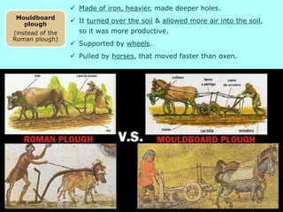  Made of iron, heavier, made deeper holes.
 It turned over the soil & allowed more air into the soil,
so it was more productive.
 Supported by wheels.
 Pulled by horses, that moved faster than oxen.
Mouldboard
plough
(instead of the
Roman plough)
 