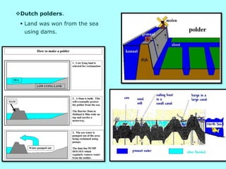 Dutch polders.
 Land was won from the sea
using dams.
 