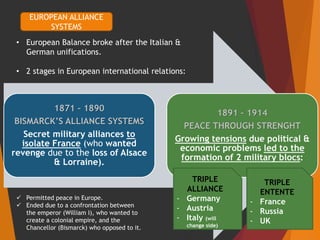 1871 – 1890
BISMARCK’S ALLIANCE SYSTEMS
Secret military alliances to
isolate France (who wanted
revenge due to the loss of Alsace
& Lorraine).
1891 – 1914
PEACE THROUGH STRENGHT
Growing tensions due political &
economic problems led to the
formation of 2 military blocs:
EUROPEAN ALLIANCE
SYSTEMS
• European Balance broke after the Italian &
German unifications.
• 2 stages in European international relations:
 Permitted peace in Europe.
 Ended due to a confrontation between
the emperor (William I), who wanted to
create a colonial empire, and the
Chancellor (Bismarck) who opposed to it.
TRIPLE
ALLIANCE
- Germany
- Austria
- Italy (will
change side)
TRIPLE
ENTENTE
- France
- Russia
- UK
 