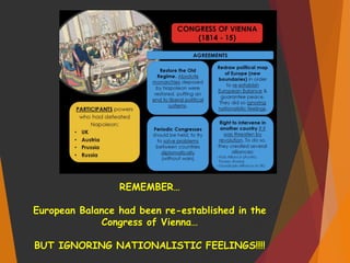 REMEMBER…
European Balance had been re-established in the
Congress of Vienna…
BUT IGNORING NATIONALISTIC FEELINGS!!!!
 