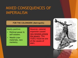 MIXED CONSEQUENCES OF
IMPERIALISM
Mostly positive:
• Political power &
self-esteem.
• Wealth (raw
materials, new
markets).
FOR THE COLONIZERS (Metropolis)
However, colonial
expansion caused
new tensions among
the powers. This
rivalry would be one
of the causes of
WW1.
 