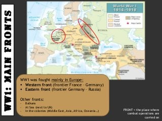 Ww1:MAINFRONTS
WW1 was fought mainly in Europe:
 Western front (frontier France – Germany)
 Eastern front (frontier Germany – Russia)
Other fronts:
- Balkans
- At Sea (next to UK)
- In the colonies (Middle East, Asia, Africa, Oceania…) FRONT = the place where
combat operations are
carried on
 