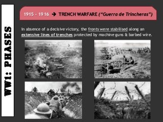 Ww1:PHASES
In absence of a decisive victory, the fronts were stabilised along an
extensive lines of trenches protected by machine guns & barbed wire.
1915 – 1916  TRENCH WARFARE (“Guerra de Trincheras”)
 