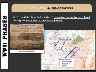 Ww1:PHASES
1918: the Allies launched a series of offensives on the Western Front,
causing the surrender of the Central Powers.
1917 – 1918  END OF THE WAR
 