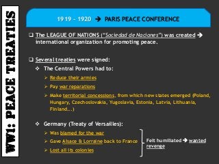 Ww1:PEACETREATIES
 The LEAGUE OF NATIONS (“Sociedad de Naciones”) was created 
international organization for promoting peace.
 Several treaties were signed:
 The Central Powers had to:
 Reduce their armies
 Pay war reparations
 Make territorial concessions, from which new states emerged (Poland,
Hungary, Czechoslovakia, Yugoslavia, Estonia, Latvia, Lithuania,
Finland...)
 Germany (Treaty of Versailles):
 Was blamed for the war
 Gave Alsace & Lorraine back to France
 Lost all its colonies
1919 – 1920  PARIS PEACE CONFERENCE
Felt humiliated  wanted
revenge
 