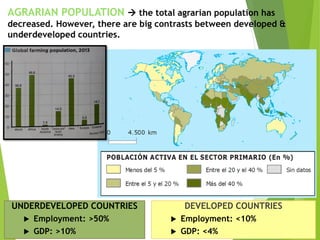 AGRARIAN POPULATION  the total agrarian population has
decreased. However, there are big contrasts between developed &
underdeveloped countries.
DEVELOPED COUNTRIES
 Employment: <10%
 GDP: <4%
UNDERDEVELOPED COUNTRIES
 Employment: >50%
 GDP: >10%
 