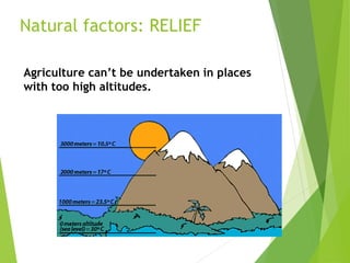 Natural factors: RELIEF
Agriculture can’t be undertaken in places
with too high altitudes.
 