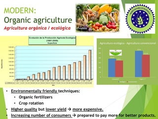 MODERN:
Organic agriculture
Agricultura orgánica / ecológica
• Environmentally friendly techniques:
• Organic fertilizers
• Crop rotation
• Higher quality but lower yield  more expensive.
• Increasing number of consumers  prepared to pay more for better products.
 