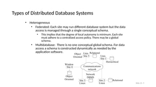 Slide 25- 9
Types of Distributed Database Systems
• Heterogeneous
• Federated: Each site may run different database system but the data
access is managed through a single conceptual schema.
• This implies that the degree of local autonomy is minimum. Each site
must adhere to a centralized access policy. There may be a global
schema.
• Multidatabase: There is no one conceptual global schema. For data
access a schema is constructed dynamically as needed by the
application software.
Communications
network
Site 5
Site 1
Site 2
Site 3
Network
DBMS
Relational
Site 4
Object
Oriented
Linux
Linux
Unix
Hierarchical
Object
Oriented
Relational
Unix
Window
 