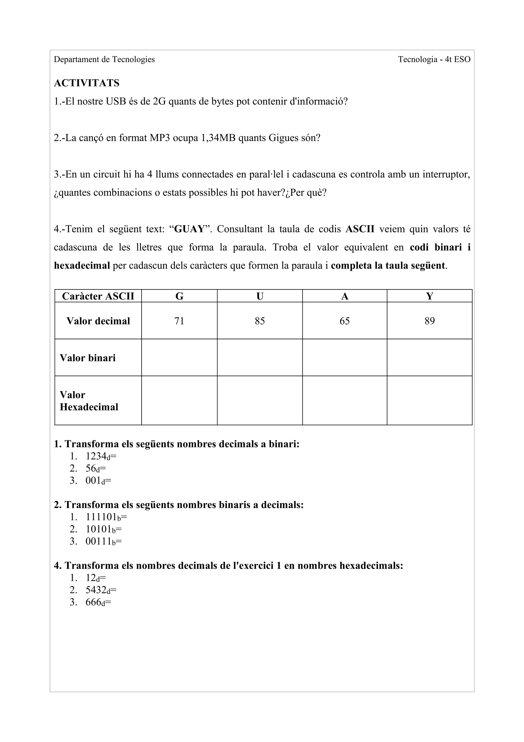Departament de Tecnologies                                                       Tecnologia - 4t ESO

ACTIVITATS
1.-El nostre USB és de 2G quants de bytes pot contenir d'informació?


2.-La cançó en format MP3 ocupa 1,34MB quants Gigues són?


3.-En un circuit hi ha 4 llums connectades en paral·lel i cadascuna es controla amb un interruptor,
¿quantes combinacions o estats possibles hi pot haver?¿Per què?


4.-Tenim el següent text: “GUAY”. Consultant la taula de codis ASCII veiem quin valors té
cadascuna de les lletres que forma la paraula. Troba el valor equivalent en codi binari i
hexadecimal per cadascun dels caràcters que formen la paraula i completa la taula següent.

  Caràcter ASCII             G                  U                   A                   Y

   Valor decimal             71                85                  65                   89


 Valor binari


 Valor
 Hexadecimal


1. Transforma els següents nombres decimals a binari:
    1. 1234d=
    2. 56d=
    3. 001d=

2. Transforma els següents nombres binaris a decimals:
    1. 111101b=
    2. 10101b=
    3. 00111b=

4. Transforma els nombres decimals de l'exercici 1 en nombres hexadecimals:
    1. 12d=
    2. 5432d=
    3. 666d=
 