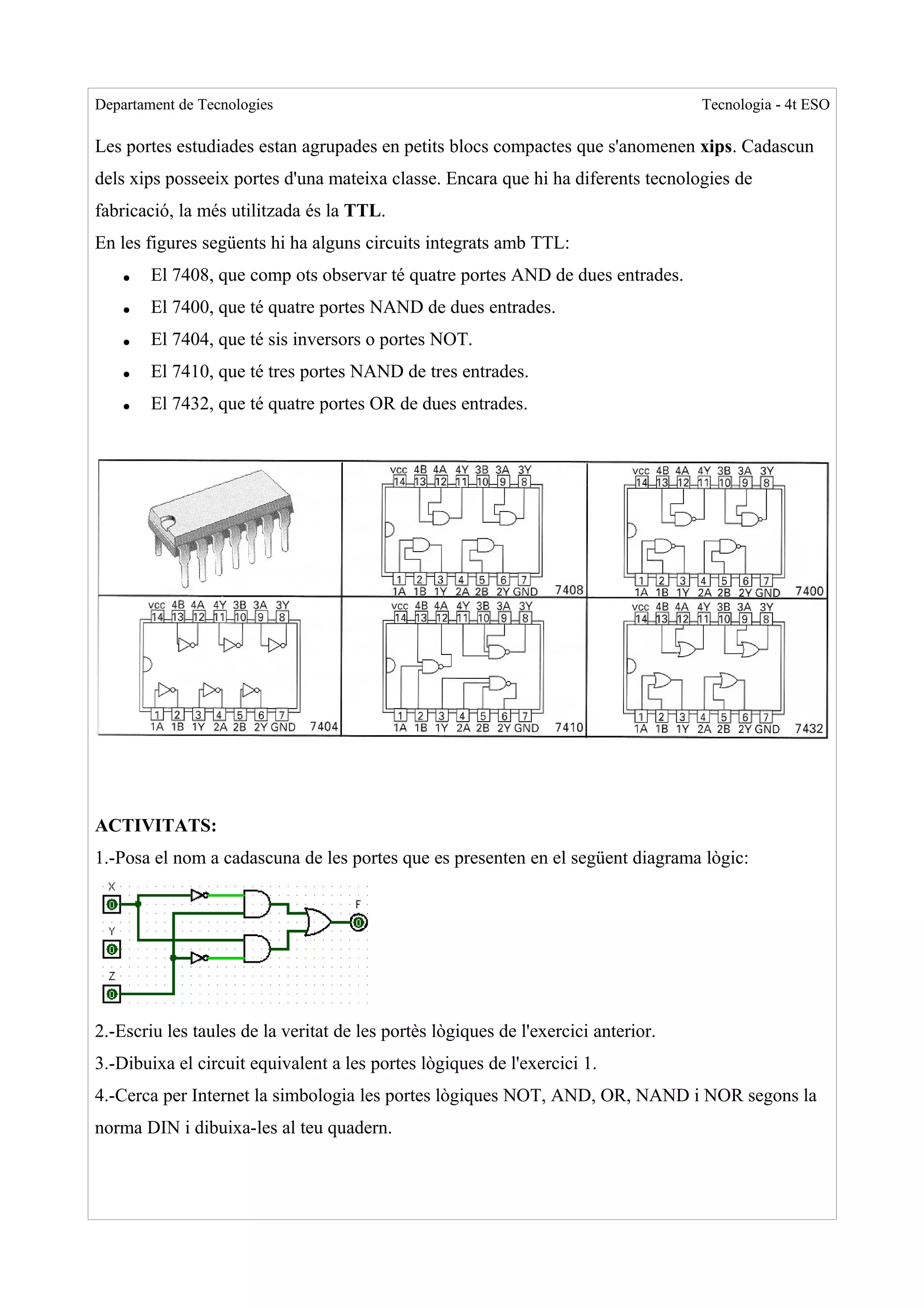 Departament de Tecnologies                                                          Tecnologia - 4t ESO

Les portes estudiades estan agrupades en petits blocs compactes que s'anomenen xips. Cadascun
dels xips posseeix portes d'una mateixa classe. Encara que hi ha diferents tecnologies de
fabricació, la més utilitzada és la TTL.
En les figures següents hi ha alguns circuits integrats amb TTL:
    ●   El 7408, que comp ots observar té quatre portes AND de dues entrades.
    ●   El 7400, que té quatre portes NAND de dues entrades.
    ●   El 7404, que té sis inversors o portes NOT.
    ●   El 7410, que té tres portes NAND de tres entrades.
    ●   El 7432, que té quatre portes OR de dues entrades.




ACTIVITATS:
1.-Posa el nom a cadascuna de les portes que es presenten en el següent diagrama lògic:




2.-Escriu les taules de la veritat de les portès lògiques de l'exercici anterior.
3.-Dibuixa el circuit equivalent a les portes lògiques de l'exercici 1.
4.-Cerca per Internet la simbologia les portes lògiques NOT, AND, OR, NAND i NOR segons la
norma DIN i dibuixa-les al teu quadern.
 