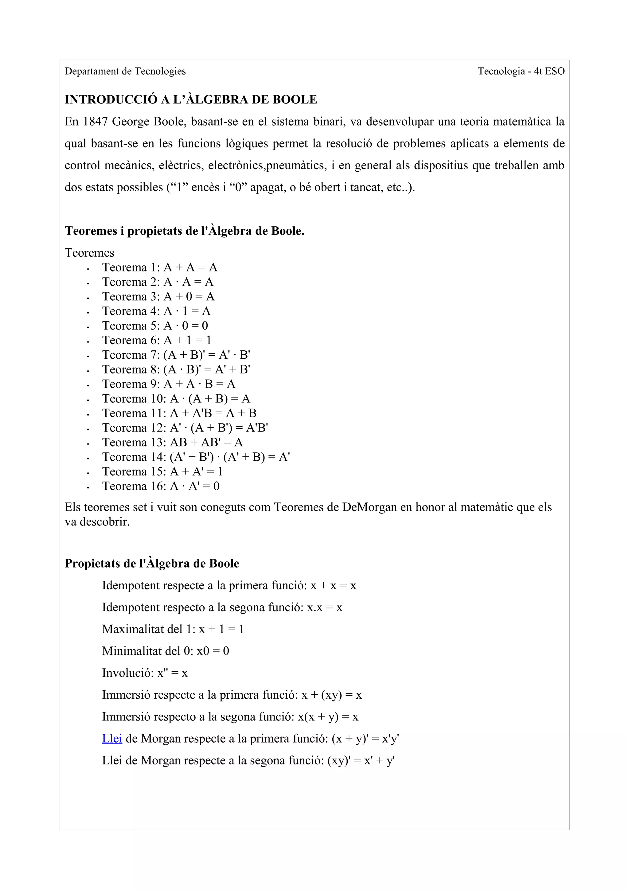 Departament de Tecnologies                                                       Tecnologia - 4t ESO

INTRODUCCIÓ A L’ÀLGEBRA DE BOOLE
En 1847 George Boole, basant-se en el sistema binari, va desenvolupar una teoria matemàtica la
qual basant-se en les funcions lògiques permet la resolució de problemes aplicats a elements de
control mecànics, elèctrics, electrònics,pneumàtics, i en general als dispositius que treballen amb
dos estats possibles (“1” encès i “0” apagat, o bé obert i tancat, etc..).


Teoremes i propietats de l'Àlgebra de Boole.
Teoremes
    • Teorema 1: A + A = A
    • Teorema 2: A · A = A
    • Teorema 3: A + 0 = A
    • Teorema 4: A · 1 = A
    • Teorema 5: A · 0 = 0
    • Teorema 6: A + 1 = 1
    • Teorema 7: (A + B)' = A' · B'
    • Teorema 8: (A · B)' = A' + B'
    • Teorema 9: A + A · B = A
    • Teorema 10: A · (A + B) = A
    • Teorema 11: A + A'B = A + B
    • Teorema 12: A' · (A + B') = A'B'
    • Teorema 13: AB + AB' = A
    • Teorema 14: (A' + B') · (A' + B) = A'
    • Teorema 15: A + A' = 1
    • Teorema 16: A · A' = 0
Els teoremes set i vuit son coneguts com Teoremes de DeMorgan en honor al matemàtic que els
va descobrir.


Propietats de l'Àlgebra de Boole
        Idempotent respecte a la primera funció: x + x = x
        Idempotent respecto a la segona funció: x.x = x
        Maximalitat del 1: x + 1 = 1
        Minimalitat del 0: x0 = 0
        Involució: x'' = x
        Immersió respecte a la primera funció: x + (xy) = x
        Immersió respecto a la segona funció: x(x + y) = x
        Llei de Morgan respecte a la primera funció: (x + y)' = x'y'
        Llei de Morgan respecte a la segona funció: (xy)' = x' + y'
 