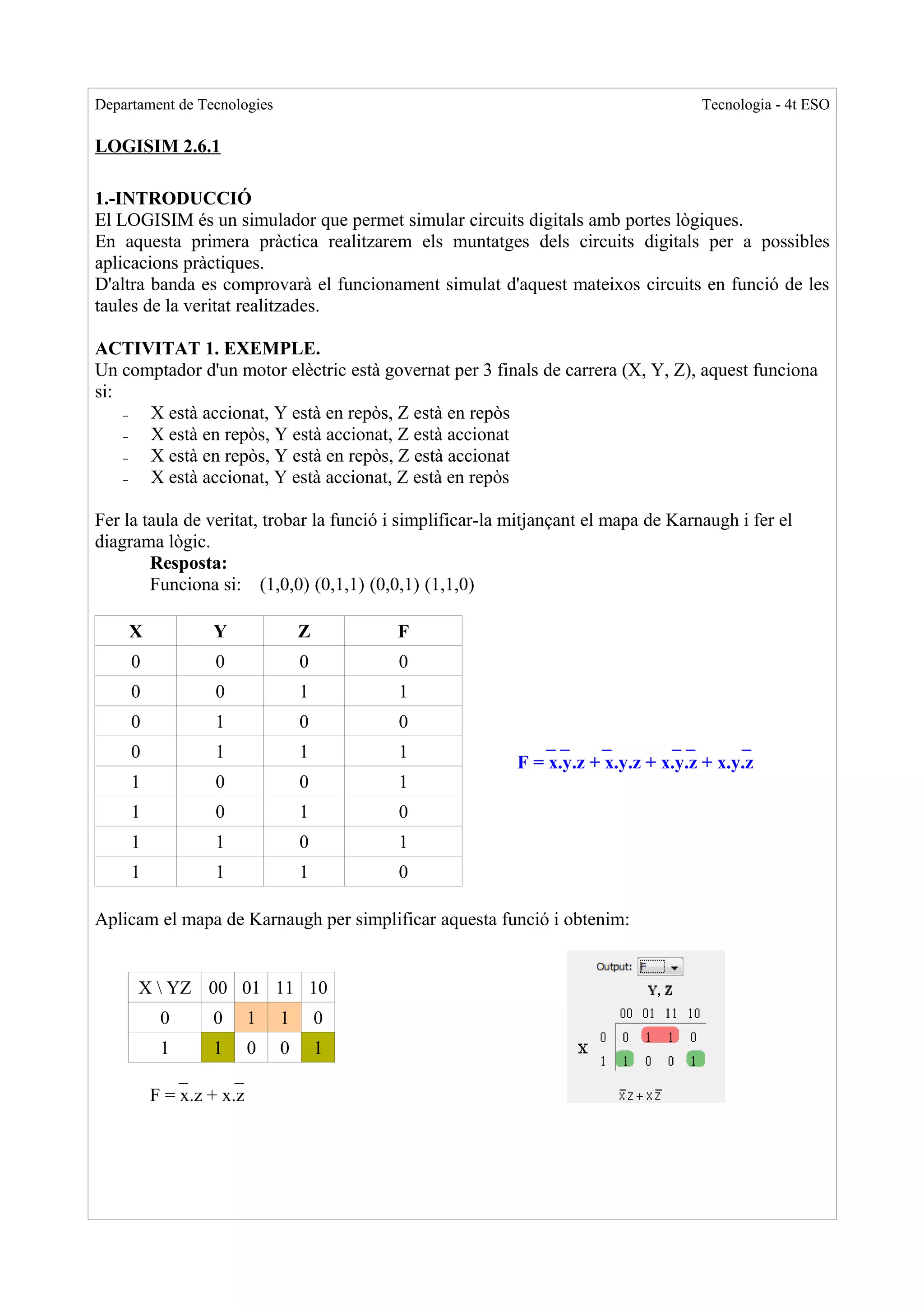 Departament de Tecnologies                                                           Tecnologia - 4t ESO

LOGISIM 2.6.1

1.-INTRODUCCIÓ
El LOGISIM és un simulador que permet simular circuits digitals amb portes lògiques.
En aquesta primera pràctica realitzarem els muntatges dels circuits digitals per a possibles
aplicacions pràctiques.
D'altra banda es comprovarà el funcionament simulat d'aquest mateixos circuits en funció de les
taules de la veritat realitzades.

ACTIVITAT 1. EXEMPLE.
Un comptador d'un motor elèctric està governat per 3 finals de carrera (X, Y, Z), aquest funciona
si:
    – X està accionat, Y està en repòs, Z està en repòs
    – X està en repòs, Y està accionat, Z està accionat
    – X està en repòs, Y està en repòs, Z està accionat
    – X està accionat, Y està accionat, Z està en repòs

Fer la taula de veritat, trobar la funció i simplificar-la mitjançant el mapa de Karnaugh i fer el
diagrama lògic.
        Resposta:
        Funciona si: (1,0,0) (0,1,1) (0,0,1) (1,1,0)

    X            Y               Z        F
     0            0              0        0
     0            0              1        1
     0            1              0        0
                                                              __      _         __        _
     0            1              1        1
                                                           F = x.y.z + x.y.z + x.y.z + x.y.z
     1            0              0        1
     1            0              1        0
     1            1              0        1
     1            1              1        0

Aplicam el mapa de Karnaugh per simplificar aquesta funció i obtenim:


      X  YZ 00 01 11 10
          0      0       1   1       0
          1      1       0   0       1
             _       _
         F = x.z + x.z
 