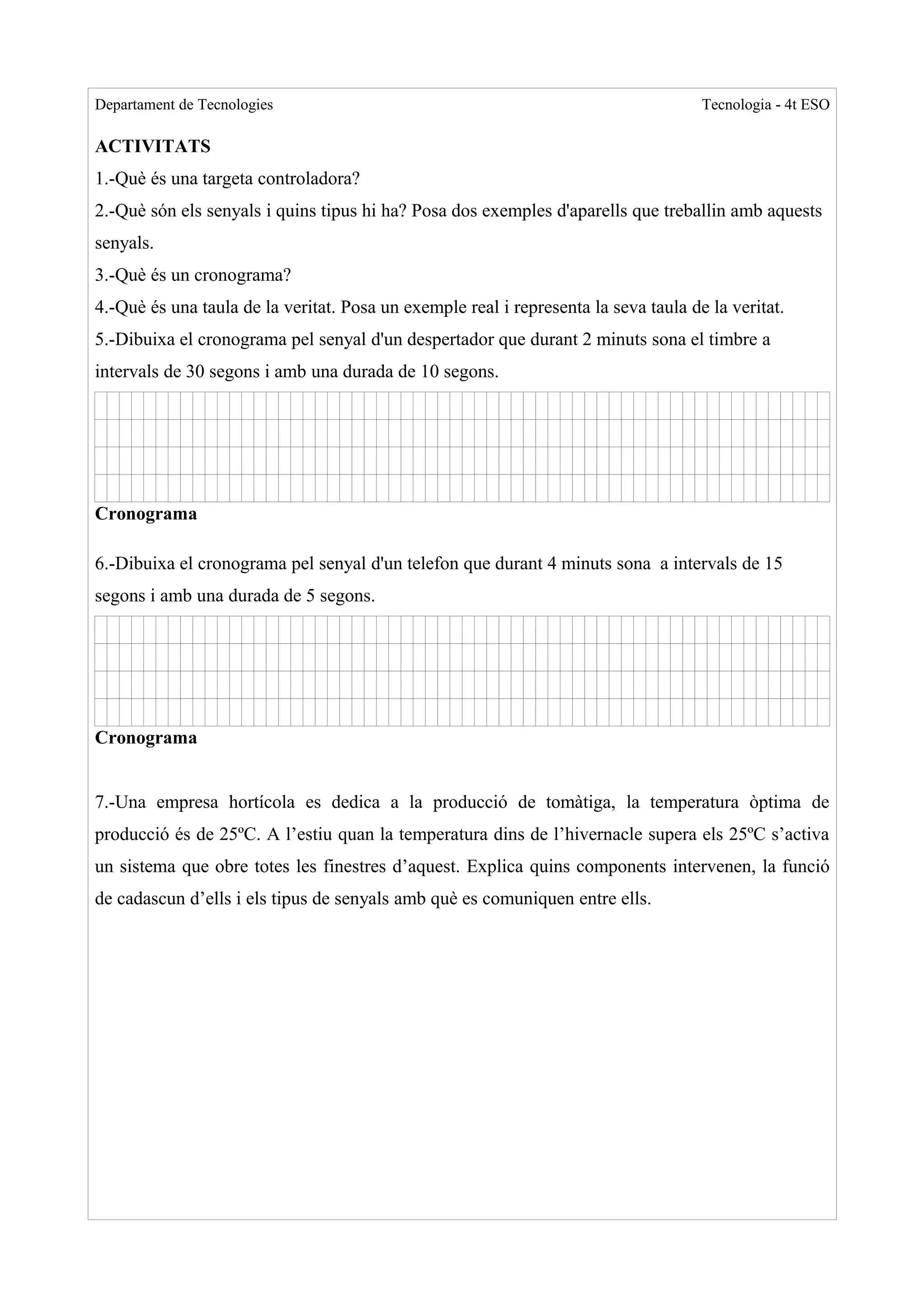 Departament de Tecnologies                                                           Tecnologia - 4t ESO

ACTIVITATS
1.-Què és una targeta controladora?
2.-Què són els senyals i quins tipus hi ha? Posa dos exemples d'aparells que treballin amb aquests
senyals.
3.-Què és un cronograma?
4.-Què és una taula de la veritat. Posa un exemple real i representa la seva taula de la veritat.
5.-Dibuixa el cronograma pel senyal d'un despertador que durant 2 minuts sona el timbre a
intervals de 30 segons i amb una durada de 10 segons.




Cronograma

6.-Dibuixa el cronograma pel senyal d'un telefon que durant 4 minuts sona a intervals de 15
segons i amb una durada de 5 segons.




Cronograma


7.-Una empresa hortícola es dedica a la producció de tomàtiga, la temperatura òptima de
producció és de 25ºC. A l’estiu quan la temperatura dins de l’hivernacle supera els 25ºC s’activa
un sistema que obre totes les finestres d’aquest. Explica quins components intervenen, la funció
de cadascun d’ells i els tipus de senyals amb què es comuniquen entre ells.
 