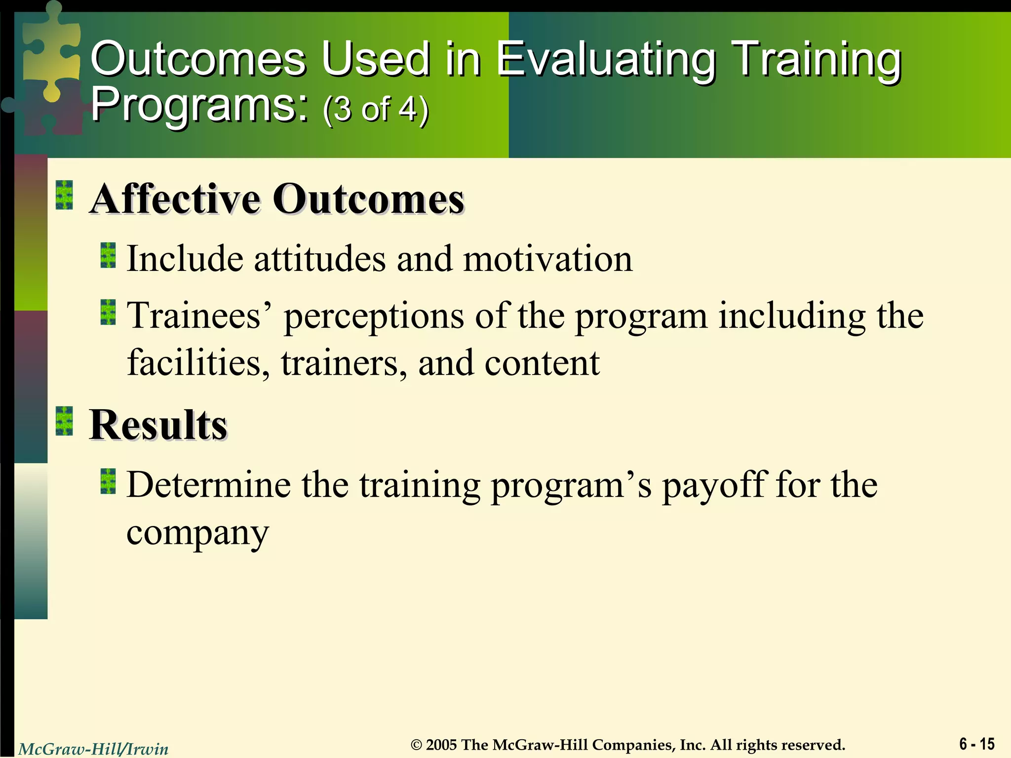 McGraw-Hill/Irwin © 2005 The McGraw-Hill Companies, Inc. All rights reserved. 6 - 15
Outcomes Used in Evaluating TrainingOutcomes Used in Evaluating Training
Programs:Programs: (3 of 4)(3 of 4)
Affective OutcomesAffective Outcomes
Include attitudes and motivation
Trainees’ perceptions of the program including the
facilities, trainers, and content
ResultsResults
Determine the training program’s payoff for the
company
 
