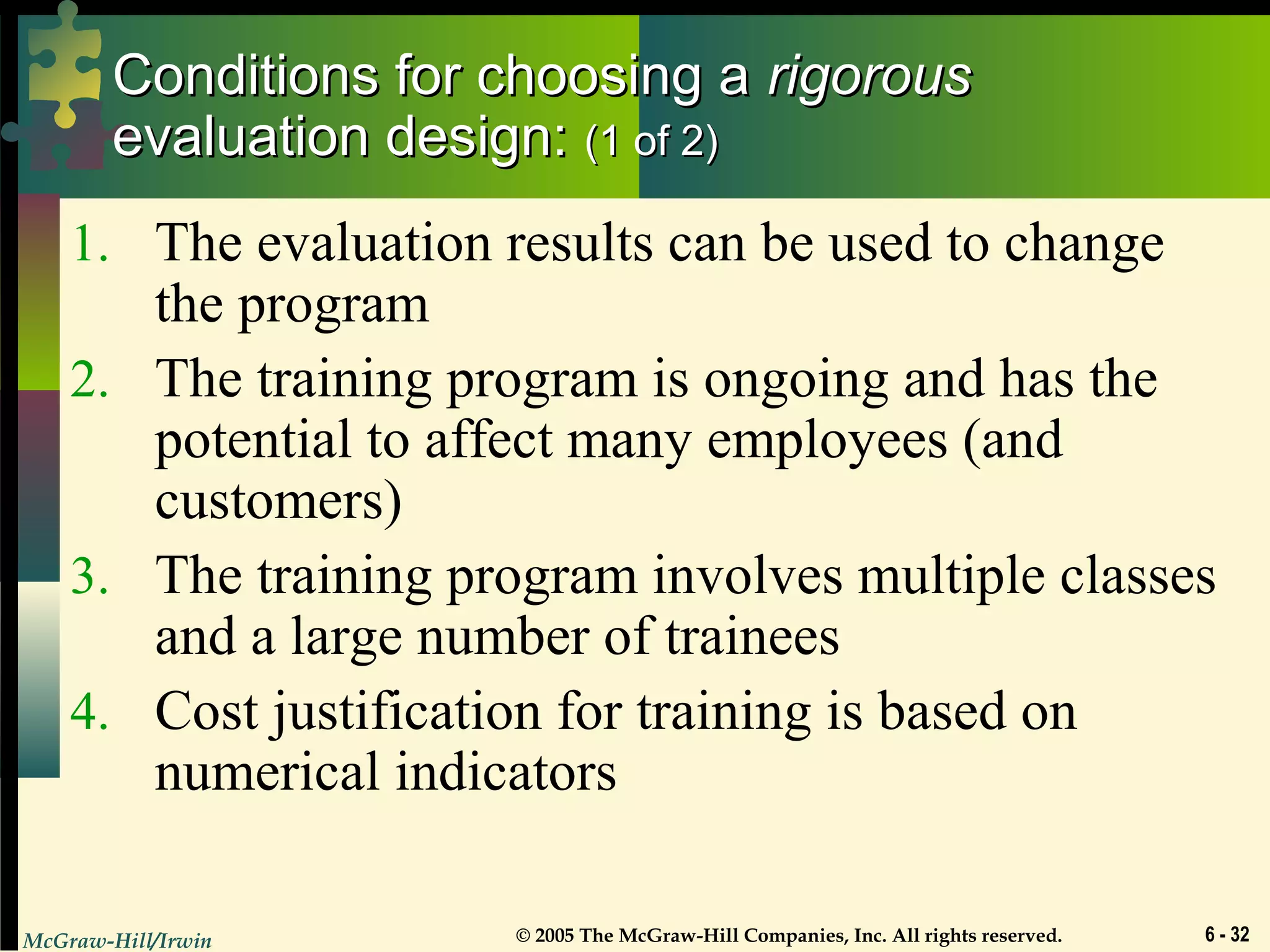 McGraw-Hill/Irwin © 2005 The McGraw-Hill Companies, Inc. All rights reserved. 6 - 32
Conditions for choosing aConditions for choosing a rigorousrigorous
evaluation design:evaluation design: (1 of 2)(1 of 2)
1. The evaluation results can be used to change
the program
2. The training program is ongoing and has the
potential to affect many employees (and
customers)
3. The training program involves multiple classes
and a large number of trainees
4. Cost justification for training is based on
numerical indicators
 