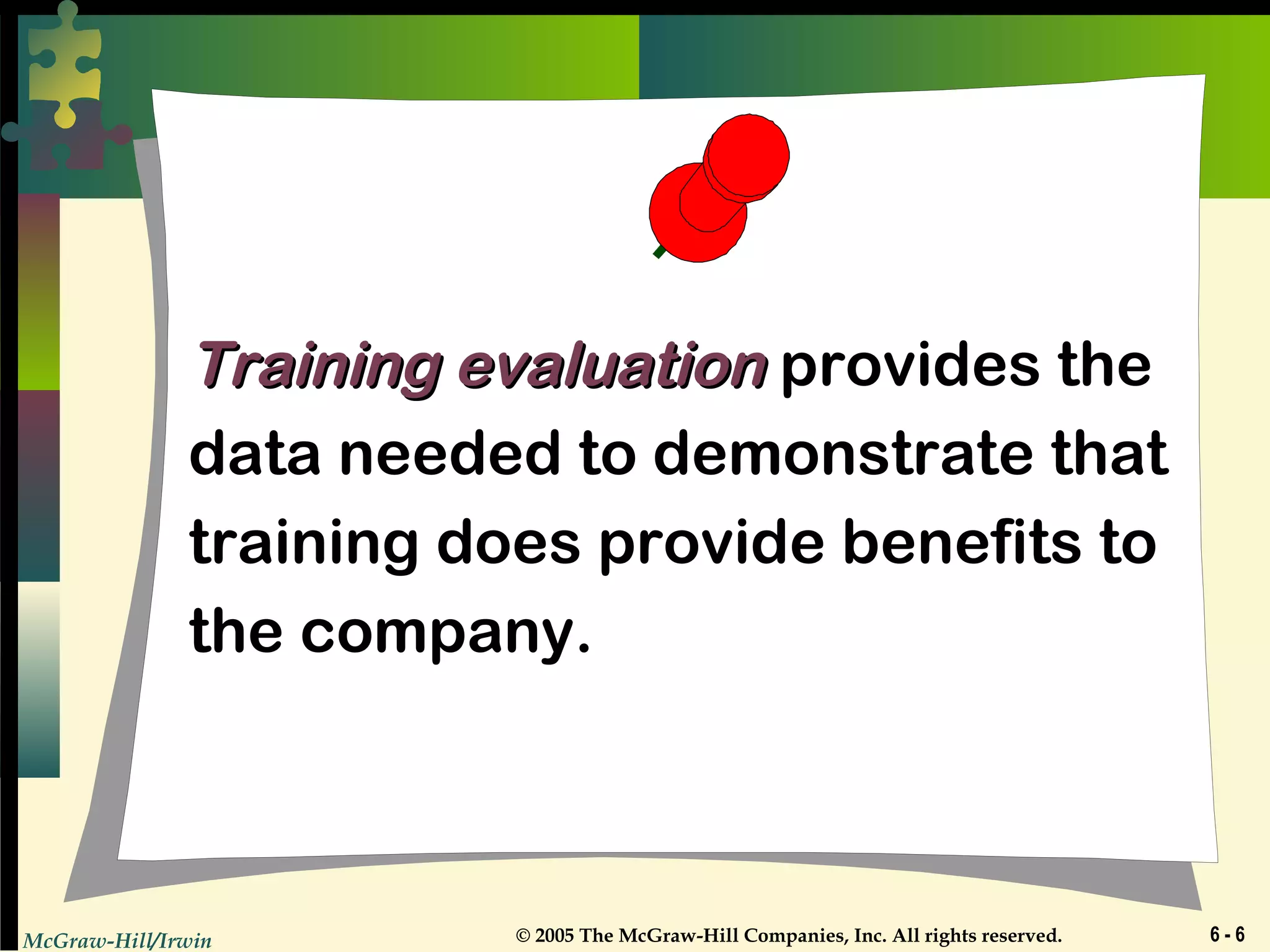 McGraw-Hill/Irwin © 2005 The McGraw-Hill Companies, Inc. All rights reserved. 6 - 6
Training evaluationTraining evaluation provides the
data needed to demonstrate that
training does provide benefits to
the company.
 