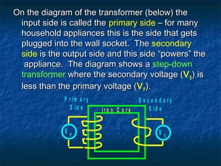 On the diagram of the transformer (below) theOn the diagram of the transformer (below) the
input side is called theinput side is called the primary side – for many– for many
household appliances this is the side that getshousehold appliances this is the side that gets
plugged into the wall socket. Theplugged into the wall socket. The secondary
side is the output side and this side “powers” theis the output side and this side “powers” the
appliance. The diagram shows aappliance. The diagram shows a step-down
transformer where the secondary voltage (where the secondary voltage (VS ) is) is
less than the primary voltage (less than the primary voltage (VP ).).
I r o n C o r e
V S
V P
P r i m a r y
S id e
S e c o n d a r y
S id e
 