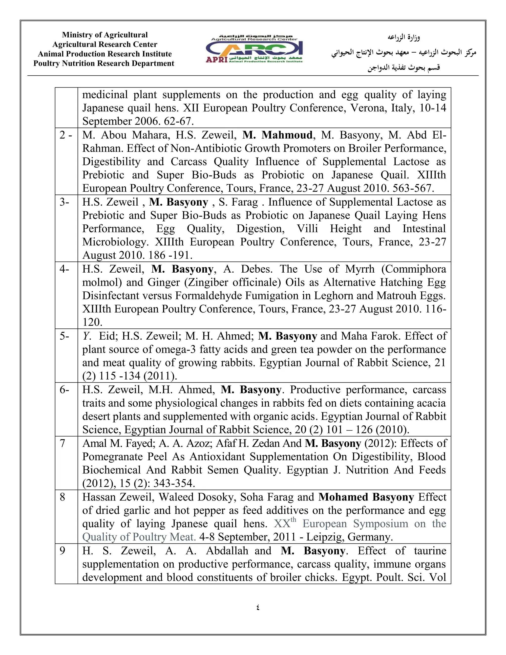 Prof Dr mohamed Basyony (Poultry ans rabbit nutrition ) | PDF