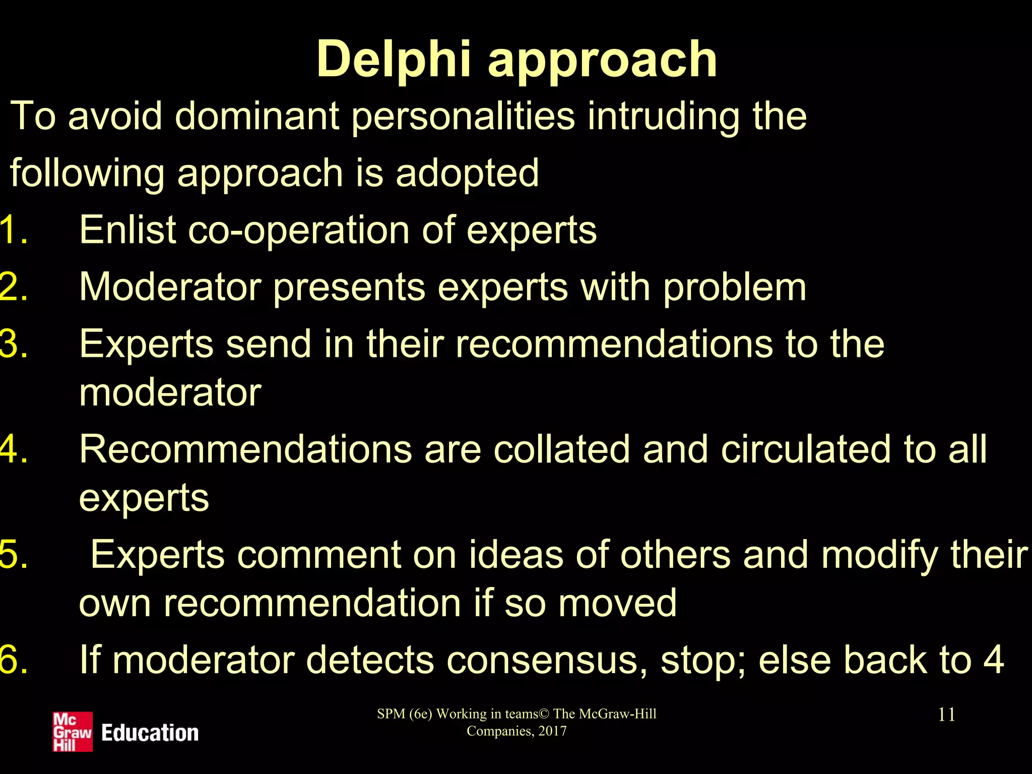 SPM (6e) Working in teams© The McGraw-Hill
Companies, 2017
11
Delphi approach
To avoid dominant personalities intruding the
following approach is adopted
1. Enlist co-operation of experts
2. Moderator presents experts with problem
3. Experts send in their recommendations to the
moderator
4. Recommendations are collated and circulated to all
experts
5. Experts comment on ideas of others and modify their
own recommendation if so moved
6. If moderator detects consensus, stop; else back to 4
 