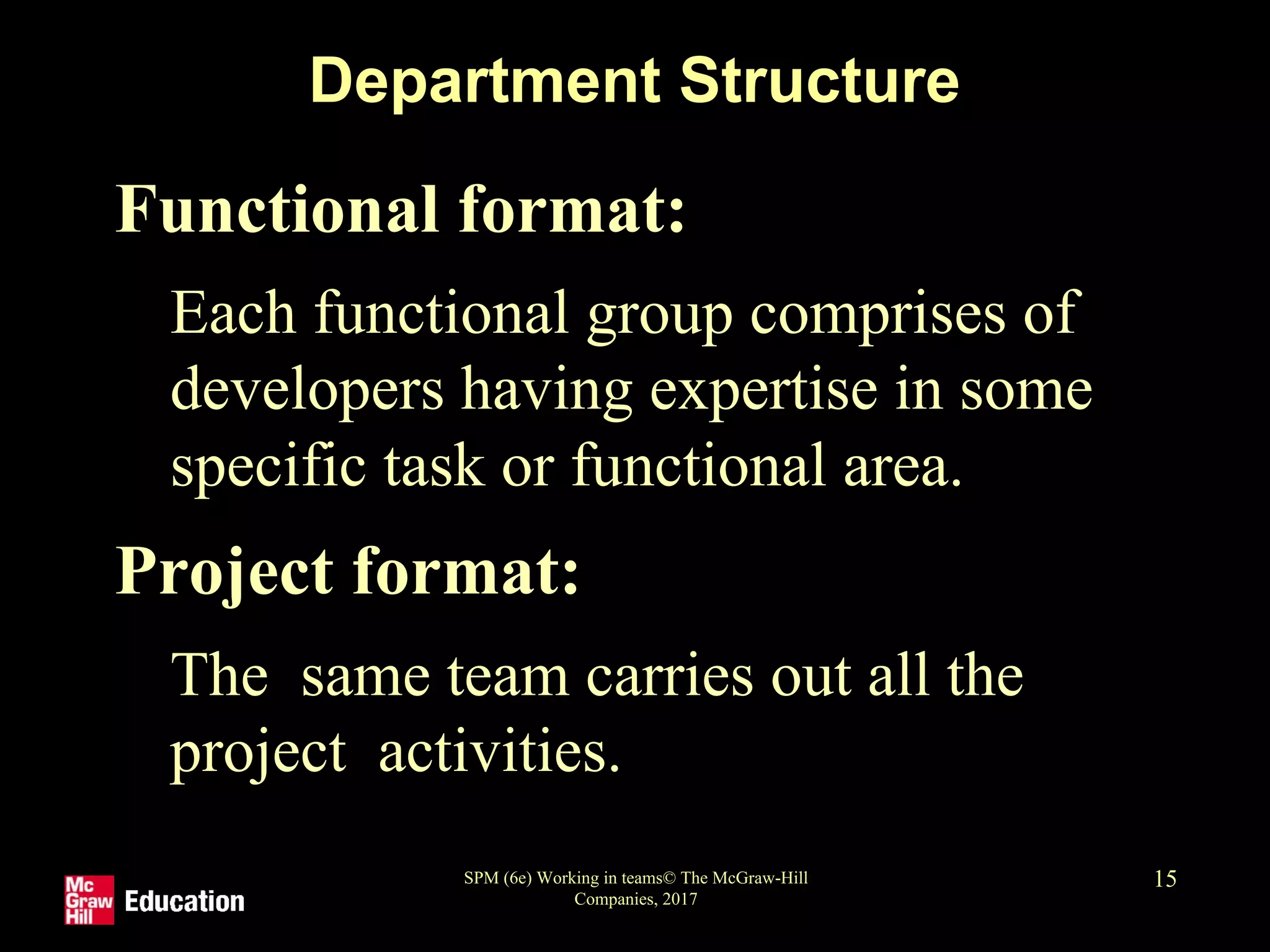 SPM (6e) Working in teams© The McGraw-Hill
Companies, 2017
15
Department Structure
• Functional format:
• Each functional group comprises of
developers having expertise in some
specific task or functional area.
• Project format:
• The same team carries out all the
project activities.
 