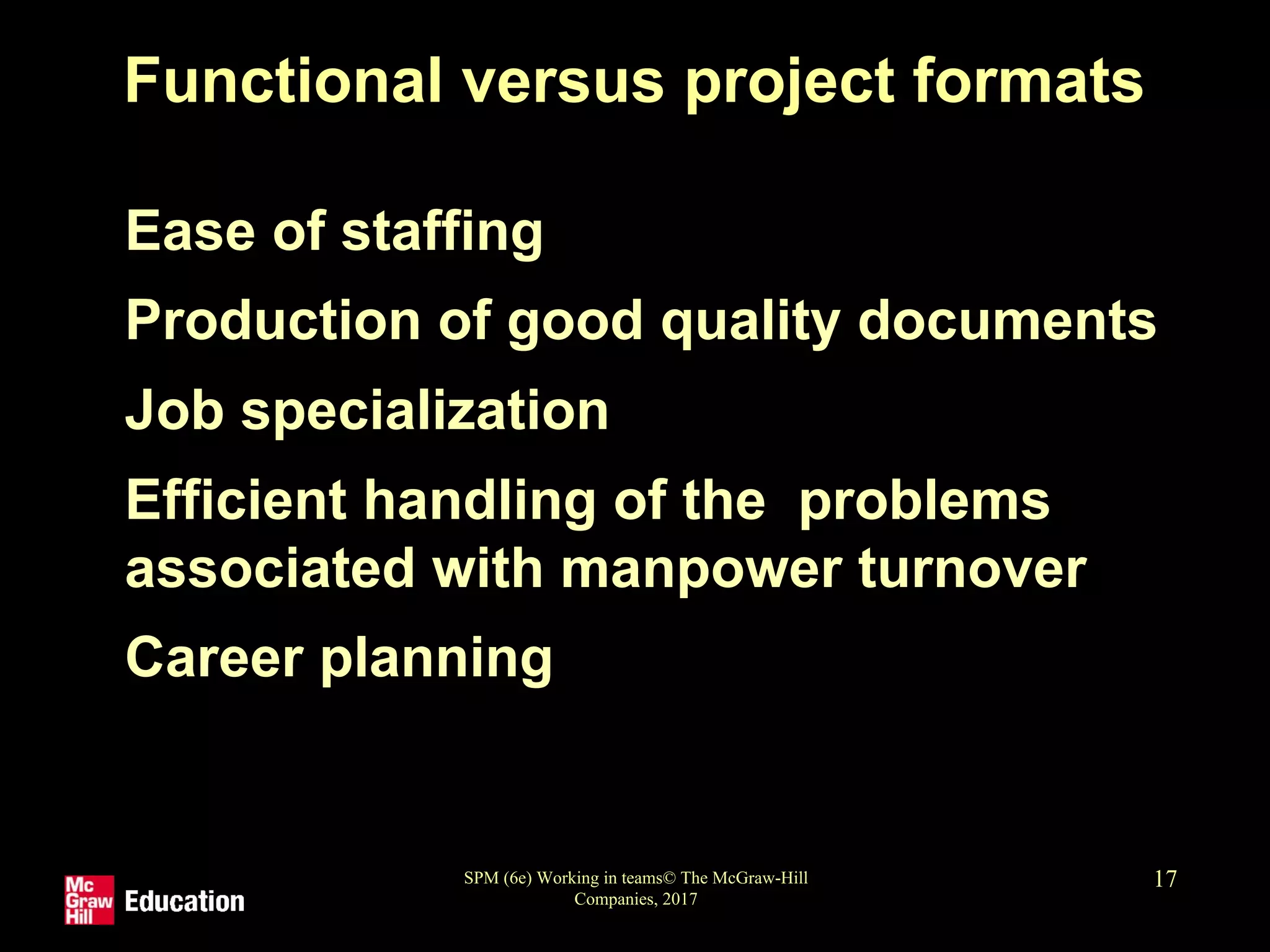 SPM (6e) Working in teams© The McGraw-Hill
Companies, 2017
17
Functional versus project formats
• Ease of staffing
• Production of good quality documents
• Job specialization
• Efficient handling of the problems
associated with manpower turnover
• Career planning
 