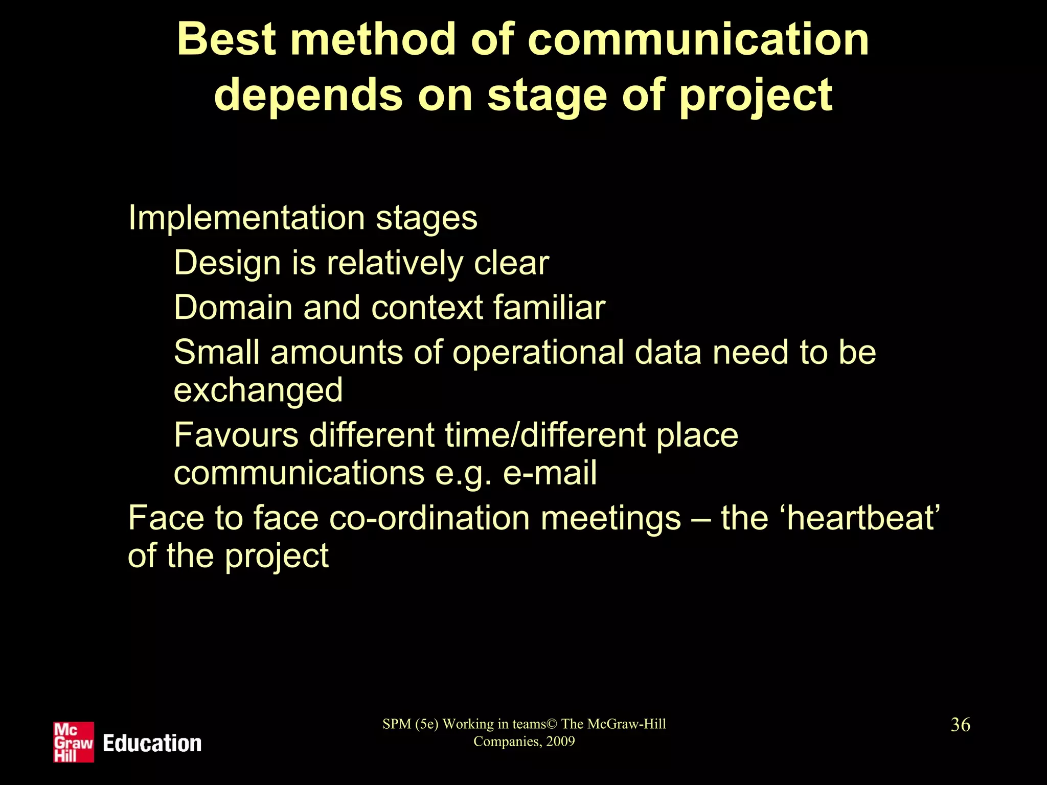 SPM (5e) Working in teams© The McGraw-Hill
Companies, 2009
36
Best method of communication
depends on stage of project
• Implementation stages
• Design is relatively clear
• Domain and context familiar
• Small amounts of operational data need to be
exchanged
• Favours different time/different place
communications e.g. e-mail
• Face to face co-ordination meetings – the ‘heartbeat’
of the project
 