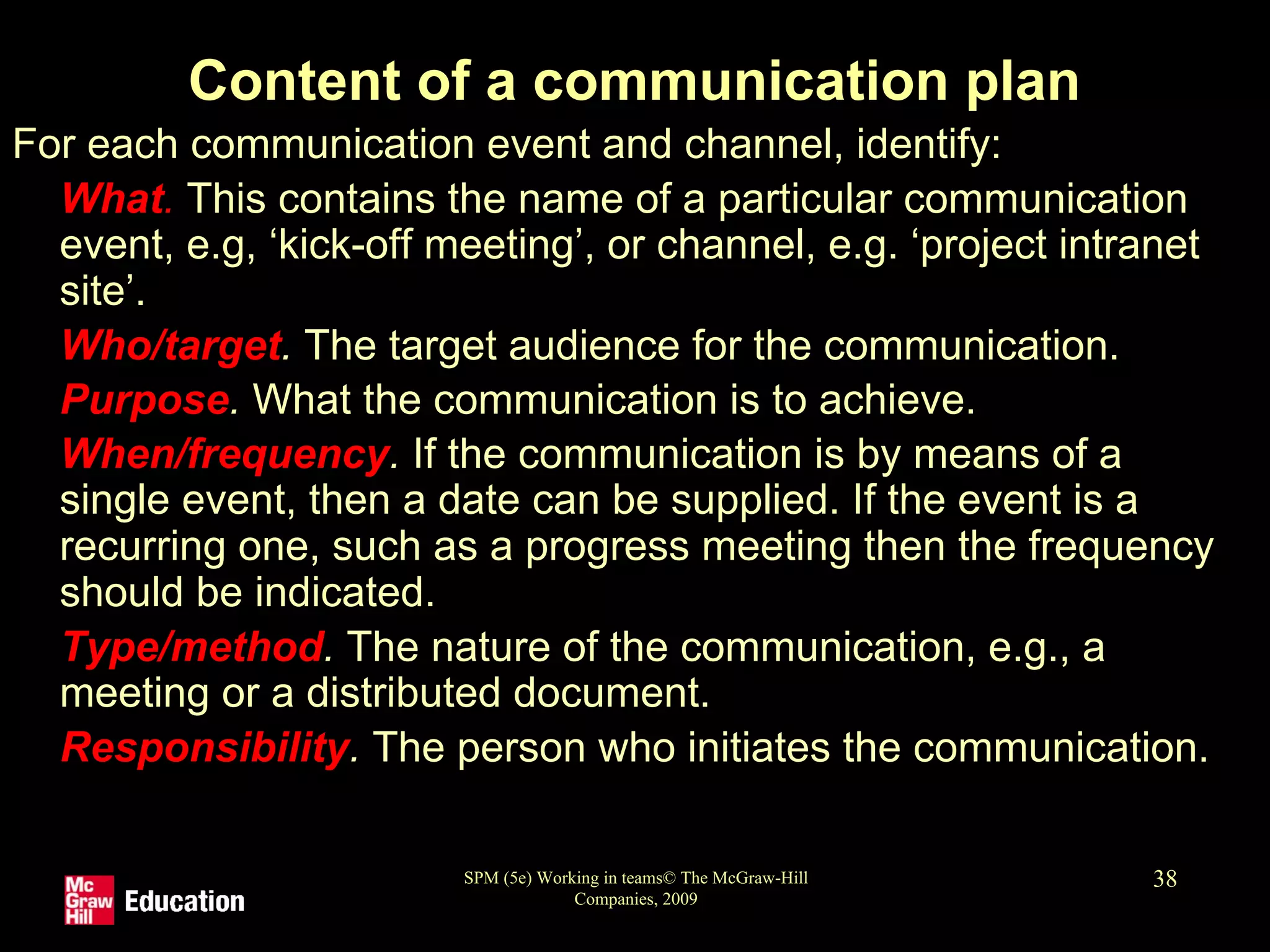 SPM (5e) Working in teams© The McGraw-Hill
Companies, 2009
38
Content of a communication plan
For each communication event and channel, identify:
• What. This contains the name of a particular communication
event, e.g, ‘kick-off meeting’, or channel, e.g. ‘project intranet
site’.
• Who/target. The target audience for the communication.
• Purpose. What the communication is to achieve.
• When/frequency. If the communication is by means of a
single event, then a date can be supplied. If the event is a
recurring one, such as a progress meeting then the frequency
should be indicated.
• Type/method. The nature of the communication, e.g., a
meeting or a distributed document.
• Responsibility. The person who initiates the communication.
 