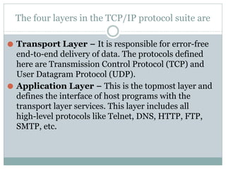 The four layers in the TCP/IP protocol suite are
⚫ Transport Layer − It is responsible for error-free
end-to-end delivery ...