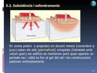 5.2. Subsidència i esfondraments En zones polars  o prepolars on durant mesos (novembre a juny) estan els sòls ( permafrost ) congelats (hidratats amb volum gran) els edificis es mantenen però quan apareix un període sec i càlid es fon el gel del sòl i les construccions pateixen enfondraments 