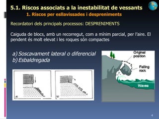 5.1. Riscos associats a la inestabilitat de vessants 1. Riscos per esllavissades i despreniments Recordatori dels principals processos: DESPRENIMENTS Caiguda de blocs, amb un recorregut, com a mínim parcial, per l’aire. El pendent és molt elevat i les roques són compactes Soscavament lateral o diferencial Esbaldregada 