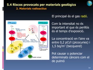 5.4 Riscos provocats per materials geològics 2. Materials radioactius El principal és el gas  radó . Com la intensitat no és important el que és perillós és el temps d’exposició. La concentració en l’aire va entre 0,2 pCi/l (picocuries) i 1,5 bq/m 3  (becquerel) Pot causar o potenciar determinats càncers com el de pulmó 