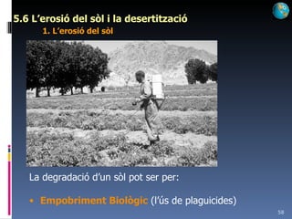 5.6 L’erosió del sòl i la desertització 1. L’erosió del sòl La degradació d’un sòl pot ser per: Empobriment Biològic  (l’ús de plaguicides) 