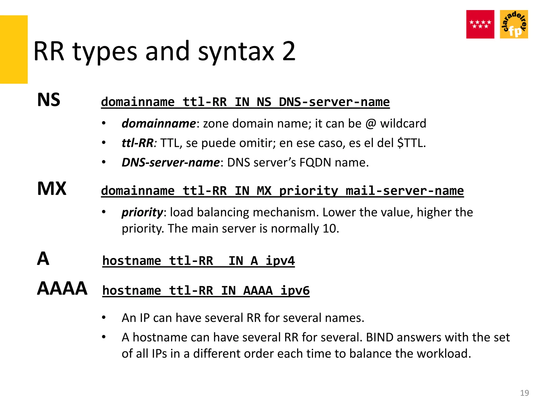 RR types and syntax 2
NS domainname ttl-RR IN NS DNS-server-name
• domainname: zone domain name; it can be @ wildcard
• ttl-RR: TTL, se puede omitir; en ese caso, es el del $TTL.
• DNS-server-name: DNS server’s FQDN name.
MX domainname ttl-RR IN MX priority mail-server-name
• priority: load balancing mechanism. Lower the value, higher the
priority. The main server is normally 10.
A hostname ttl-RR IN A ipv4
AAAA hostname ttl-RR IN AAAA ipv6
• An IP can have several RR for several names.
• A hostname can have several RR for several. BIND answers with the set
of all IPs in a different order each time to balance the workload.
19
 