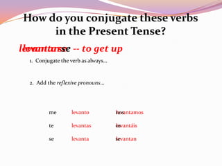 How do you conjugate these verbs
     in the Present Tense?
levantarse -- to get up
 levantarse
  1. Conjugate the verb as always…



  2. Add the reflexive pronouns…




          me       levanto           nos
                                     levantamos

          te       levantas          os
                                     levantáis

          se       levanta           se
                                     levantan
 