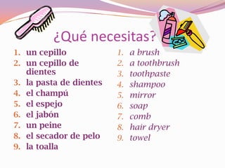 ¿Qué necesitas?
1. un cepillo              1.   a brush
2. un cepillo de           2.   a toothbrush
     dientes               3.   toothpaste
3.   la pasta de dientes   4.   shampoo
4.   el champú             5.   mirror
5.   el espejo             6.   soap
6.   el jabón              7.   comb
7.   un peine              8.   hair dryer
8.   el secador de pelo    9.   towel
9.   la toalla
 