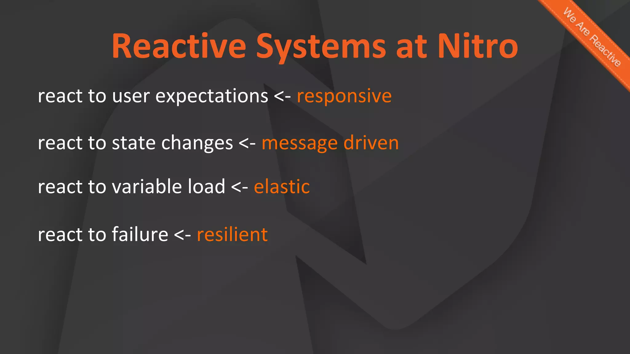 Reactive Systems at Nitro
react to user expectations <- responsive
react to state changes <- message driven
react to variable load <- elastic
react to failure <- resilient
 
